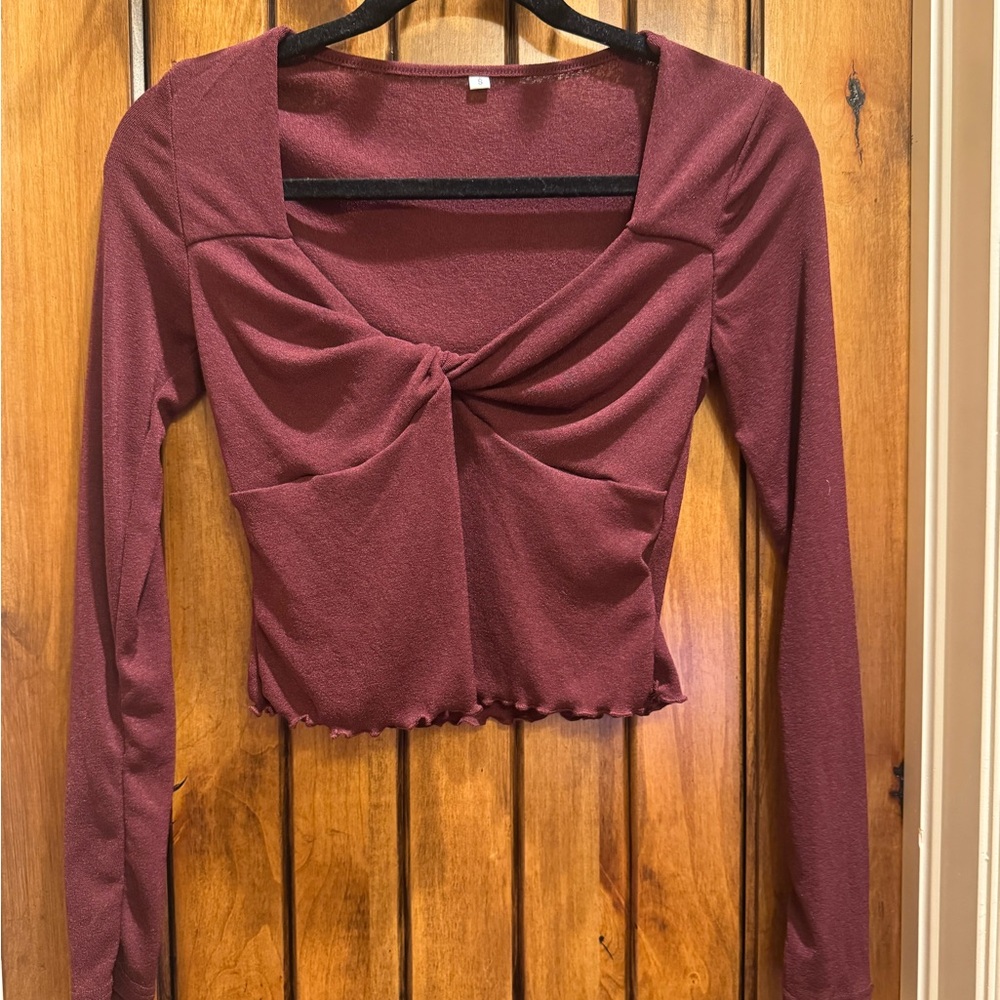 Elegant Maroon Long Sleeve Front Twist Crop Top